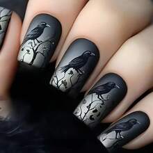 24 móng tay giả dài vừa phải, họa tiết quạ, màu đen gradient, phong cách Gothic, hình vuông, thích hợp sử dụng hàng ngày, dự tiệc và du lịch. - màu đen - Xem 8