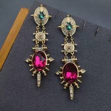 1 par de pendientes con patrón geométrico vintage, diseño único con incrustaciones, adecuado para uso diario y como accesorio de fiesta o regalo - Rosa Roja - Ver 3