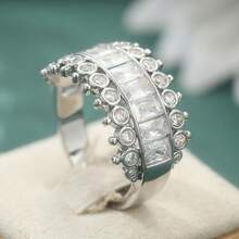 Luxury Fashion Multi-Row Synthetic Cubic Zirconia Wide Band Ring, Handmade Jewelry Suitable For Parties And Gatherings, Perfect Gift For Women - Silver - View 4