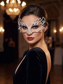 1件装女士闪亮水钻面具，带镂空水晶翅膀，半脸面具，配有松紧带，适合化装舞会、派对、万圣节、夜店活动 - 銀色 - 查看 5