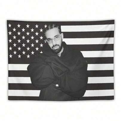 1pc Music Drake Retro Album Black And White American Flag Tapestry, Soft Polyester Fabric With Unique Design, Suitable For Hanging Decoration In Living Rooms, Bedrooms, University Dormitories, Camping And Gatherings - Machine Washable Modern Home Decoration, Room Decoration,Room Decor,Flags,Tapestry For Bedroom,Living Room Deccor,Wall Deocr,Tapestry, Wall Tapestry, Wall Hanging, Boho Tapestry, Wall Decor, Wall Art, Bohemian Tapestry, Mandala Tapestry, Floral Tapestry, Vintage Tapestry, Bedroom Tapestry, Living Room Tapestry, Aesthetic Tapestry, Rustic Tapestry, Farmhouse Tapestry, Nature Tapestry, Fabric Wall Hanging, Art Tapestry, Lightweight Tapestry, Decorative Tapestry Rapper Merch Banner, Hip Hop Aesthetic, Drake Album Flag, Trendys Guy Decor, Music Room Backdrop