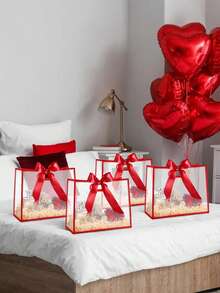 8/16个透明塑料礼品袋套装，带镂空手柄，优雅礼品袋配丝带，非常适合婚礼、生日、毕业典礼、母亲节和新娘送礼会等场合。尺寸：12 x 10 x 5 英寸（红色） - 多色 - 查看 1