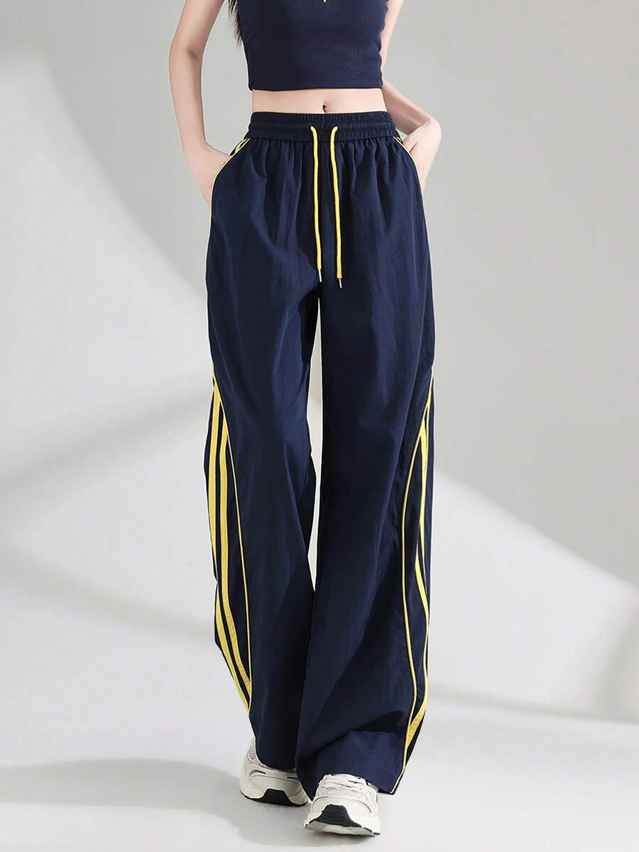 JUTU Women's Loose Woven Drawstring Pants With Side Stripe, Colorblock Design, Quick-Dry, Casual, Vacation, Streetwear, Summer - 0B67 Navy Blue and Yellow - View 1