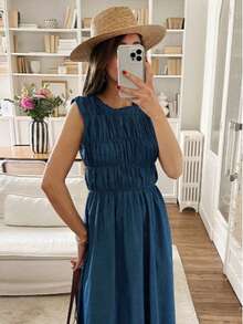 Summer Solid Color Casual Cute Elegant Vacation Beach Sleeveless Long Denim Color Ruched Waist Dress For Women - Navy Blue - View 2