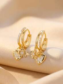 1 Đôi bông tai đính đá Zirconia hình trái tim và hoa thanh lịch, thiết kế hai lớp sang trọng theo phong cách Châu Âu và Mỹ, trang sức duyên dáng và thời trang dành cho phụ nữ. - Hoa hình trái tim - Xem 1