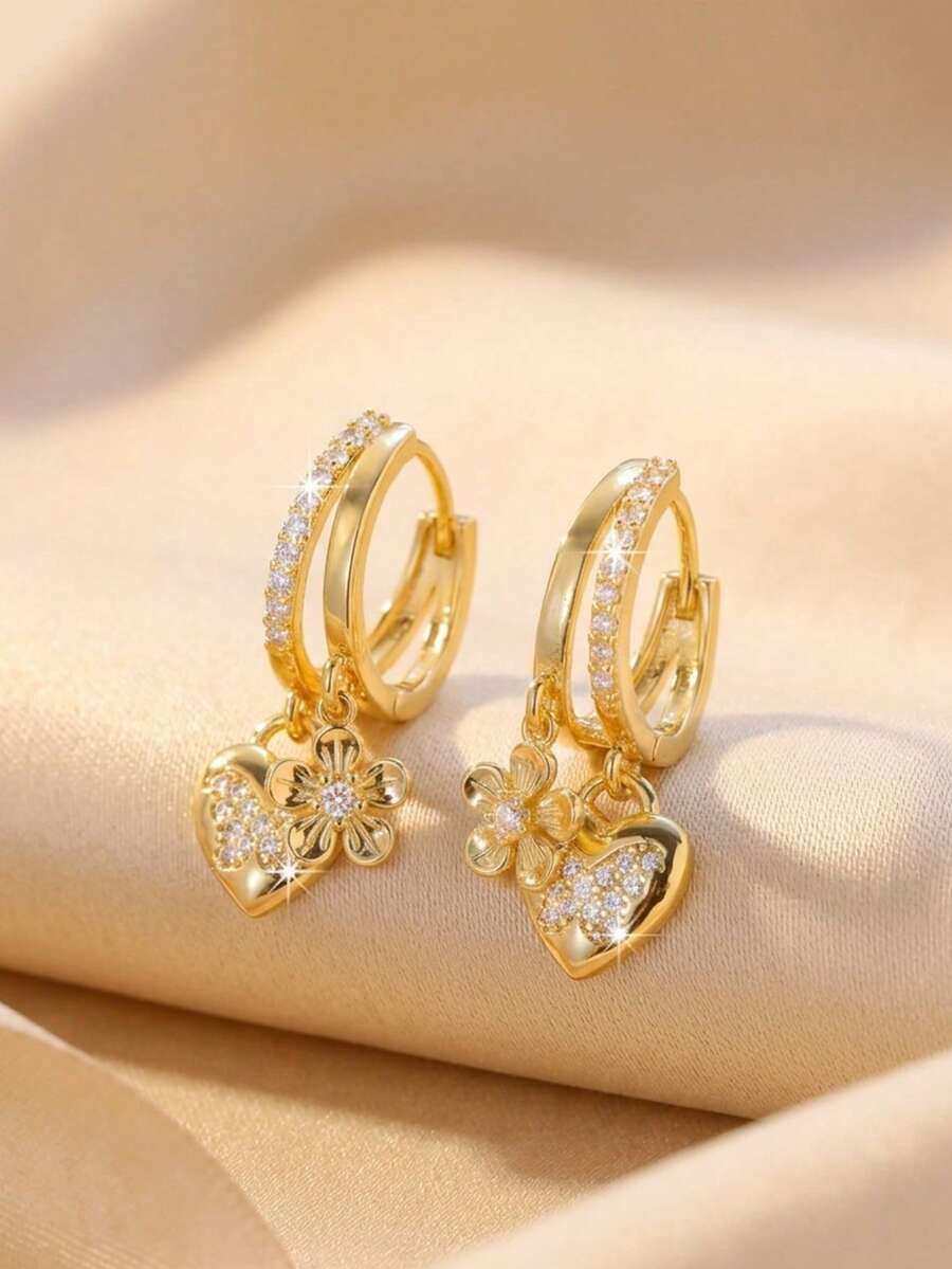 1 Đôi bông tai đính đá Zirconia hình trái tim và hoa thanh lịch, thiết kế hai lớp sang trọng theo phong cách Châu Âu và Mỹ, trang sức duyên dáng và thời trang dành cho phụ nữ. - Hoa hình trái tim - Xem 1