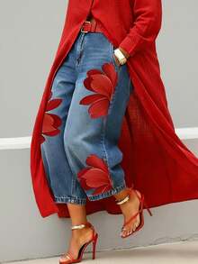 Women's Red Floral Print Cropped Jeans, Casual High-Waisted Wide-Leg Denim Jeans, Suitable For Spring, Summer And Autumn. - Blue - View 6