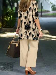 Plus Size Women's Fashionable Printed 3 Pieces Set Spring Elegant - 香檳色 - 查看 2