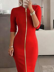 Elegant And Minimalist, This Cardigan Dress Features A Slim Fit, Zipper Design, Boat Neckline, And Midi Length, Making It An Ideal Choice For Fashionable Women In Spring, Summer, And Autumn. Red - Red - View 3