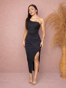 Long Draped Bodycon Dress With Single Straps And Slit - Negro - Ver 3