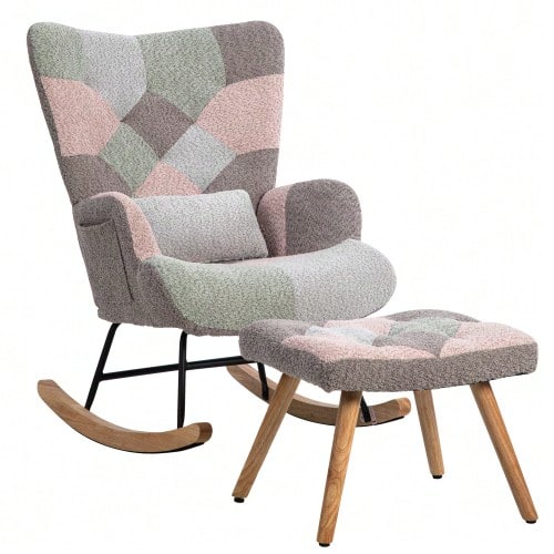 Comfortable And Colorful Rocking Chair, 93 Cm High, Seat Width 43 Cm – Includes 1 Footrest (49*38*37 Cm) And 1 Lumbar Cushion, Sturdy Rubberwood Frame, Multicolored Design, Armchair. - Multicolor - View 1
