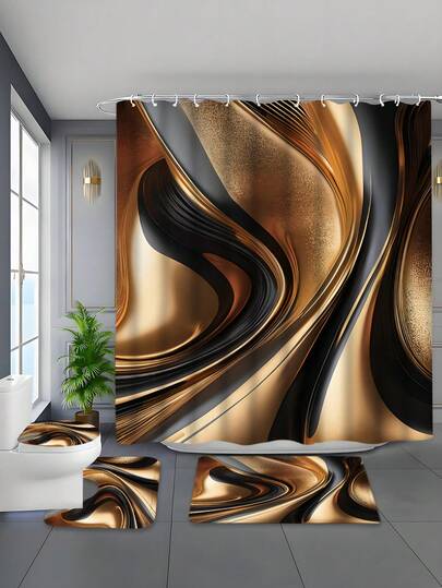 1/4 件装金色和黑色蝴蝶条纹图案浴帘，配 12 个塑料挂钩，浴室防滑垫，U 型马桶垫，浴帘套，现代家居装饰浴室配件，优雅现代设计家居装饰浴帘，浴室装饰，浴室浴帘套装，完美的乔迁礼物。易于安装 - 送给亲朋好友的完美礼物，适合春、夏、秋、冬四季。