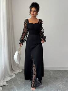 Lili House 女士长款碎花网纱连衣裙 - 长袖，收腰设计 | 优雅休闲，适合约会、晚宴、派对等场合 - 黑色 - 查看 5