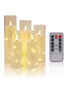 5串带遥控器的仙女灯，定时/遥控功能，电池供电，内置闪烁灯，无焰蜡烛造型，适用于桌面摆件、家居装饰、万圣节、圣诞节、情人节、母亲节、餐桌、生日、礼物、求婚、婚礼、派对等各种节日氛围营造。 - 透明-外嵌燈串 - 查看 15