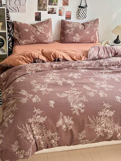 Bohemian Floral Bedding Set, French Vintage Style, Beige Vintage Leaf & Flower Print Duvet Cover 3 Pieces Set, Including 1*Duvet Cover + 2*Pillowcases, Made Of Ultra-Fine Polyester Fiber, With Duvet Corner Ties And Zipper Design, Duvet Cover And Pillowcases Without Inserts
