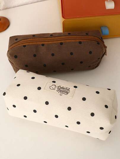 1个极简波点图案铅笔盒，大容量布艺笔袋，带拉链，适用于学校用品和办公桌，简约韩式铅笔盒