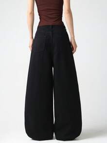 1件美式街頭風極簡女款寬鬆寬腿牛仔長褲，休閒四季穿著，黑色秋季 - 黑色 - 查看 2