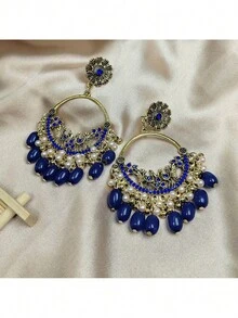 Elegant Vintage Bohemian Earrings, Floral Carved Design With Long Bead Drop, Perfect For Daily Wear - 墨藍色 - 查看 7