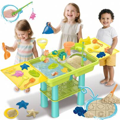 Water Play Table For Kids Sand Water Activity Set With Fishing Game,Water Whee Creative Moulds Indoor Outdoor Summer Garden Toys Sand Pit Water Table For Children Activity Set