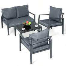Patio Furniture Set Of 4, Heavy Duty Conversation Sets Outdoor Metal Table And Loveseat Chairs Set With Upholstered Seat And Pillows - 深灰色 - 查看 1