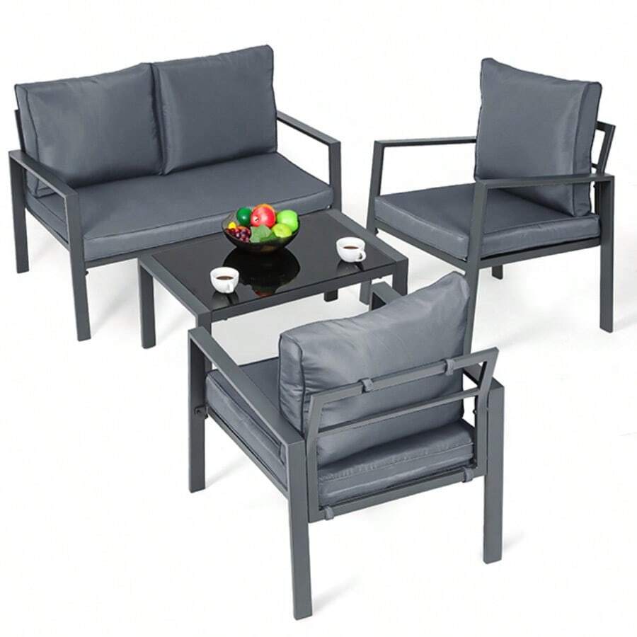 Patio Furniture Set Of 4, Heavy Duty Conversation Sets Outdoor Metal Table And Loveseat Chairs Set With Upholstered Seat And Pillows - 深灰色 - 查看 1