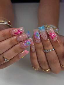 24片长棺材形3D凝胶美甲，花卉海洋图案，珍珠装饰，按压式亚克力假指甲，附赠1瓶果冻凝胶和1把指甲锉，适合女性/女孩日常、派对佩戴 - 彩色 - 查看 2