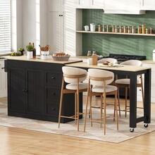 Kitchen Island On Wheels, Extendable Kitchen Island With Dining Area, Spice Rack And Drawers, Independent Mobile Kitchen Island, Ideal For Kitchen And Dining Room (White). - Black - View 3