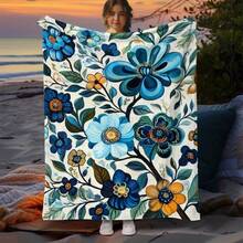 1pc Blue Flowers Blanket- Lightweight Flannel Throw For Sofa, , , Livingroom, Office, Chair, And Bed - Digital Printing Soft And M Flannel Blanket M Winter Mt - Mixed Colors - View 4