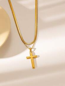 1pc Minimalist Fashionable Gold Cross Pendant Necklace, Stainless Steel Material, Unisex Casual Street Style - Gold - View 4