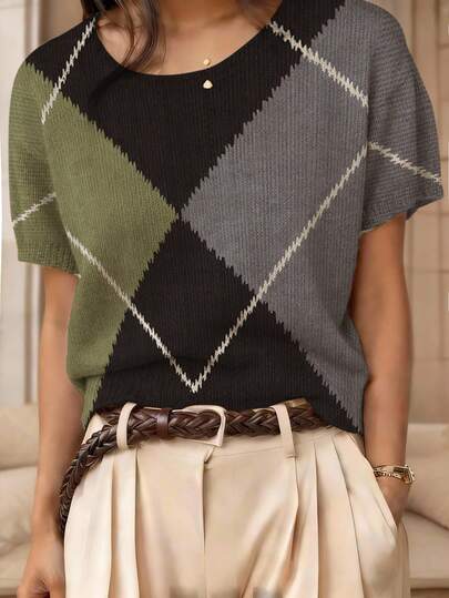 ADFHP Áo len nữ mùa xuân/hè kiểu dáng sinh viên cổ điển, phối màu xanh lá cây, đen và xám, họa tiết caro hình thoi, cổ tròn, tay ngắn, thích hợp cho những buổi đi chơi thường ngày.