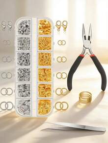 1 Box Jewelry Making Kit, Includes Open Jump Rings & Lobster Clasps In White K & Gold, Ring Findings, Tweezers & Pliers, Plus Fashion-Themed DIY Jewelry Accessory Tool Set - Multicolor - View 8
