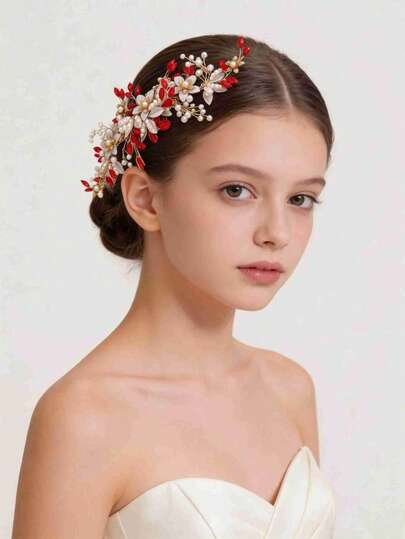 1 pieza Peineta de cristal rojo y perla, accesorio de cabello nupcial de lujo dorado, boda