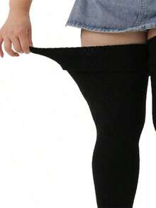 1pair Women's Plus Size Thigh High Socks With Anti-Slip Bands, Warm Kneehigh Leg Warmers, Cozy - màu đen - Xem 5