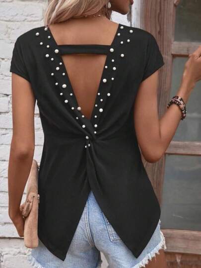 Bluză neagră cu perle și spate decoltată în V pentru femeie – Top casual elegant cu spate răsucit