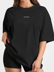New Summer 2026 Collection, Locally Shipped Loose-Fit Graphic Tee, Short-Sleeve Breathable 100% Cotton, Casual Sports & Pilates Fitness Top - 黑色 - 查看 8