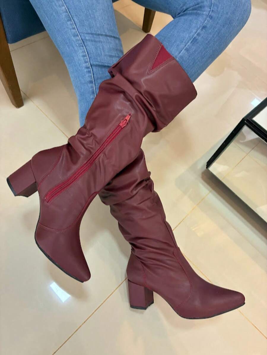 Women's Ruched Boot, Winter Fashion, Lirom Style, With Chunky Square Heel And Comfortable Toe. - Maroon - View 1