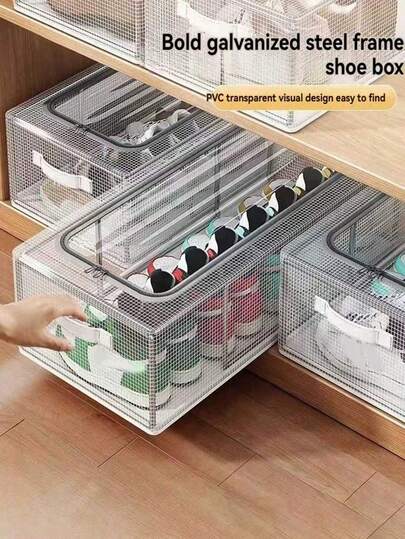 1pc Shoes Storage Box Home Storage Bedroom Storage Metal Reinforced Transparent Visual Material Space Saving Transparent Dustproof Shoe Cabinet Under Bed Storage Shoe Box