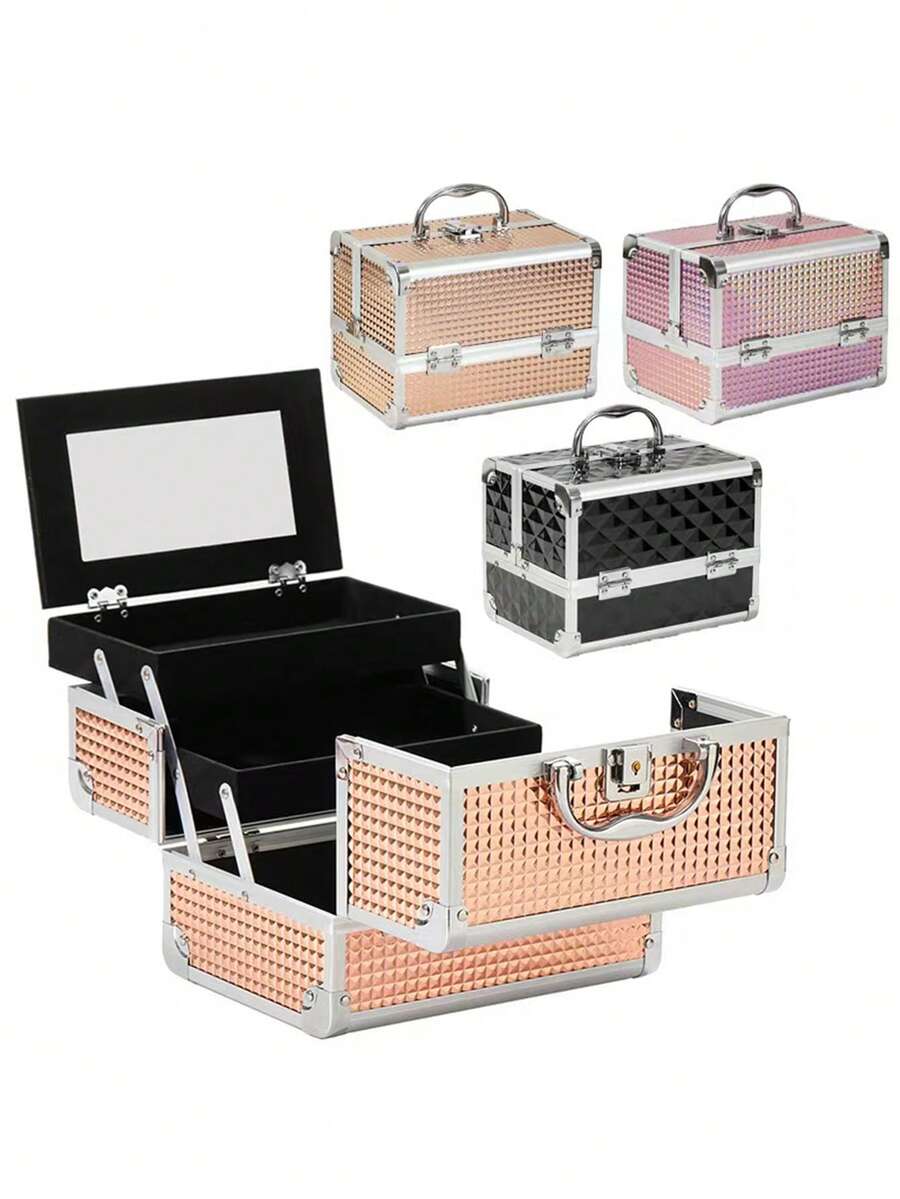 1pc Portable Makeup Organizer Box, Professional Makeup Bag With Mirror, Large Capacity Waterproof Multifunctional Cosmetic Travel Bag - Multicolor - View 1