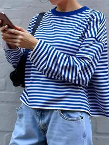Plus Size Women's Striped Print Casual Long Sleeve T-Shirt, Spring/Autumn - Blue - View 1