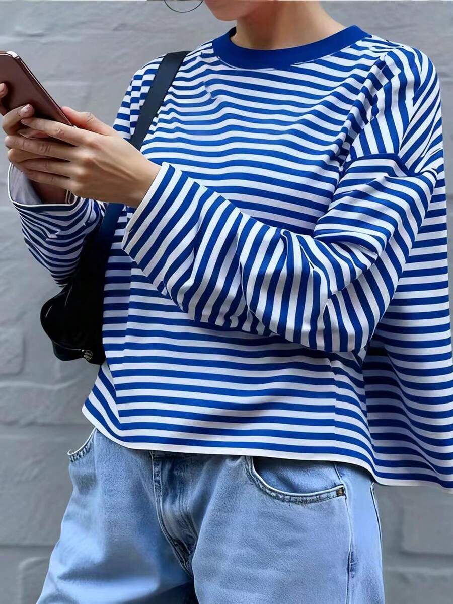 Plus Size Women's Striped Print Casual Long Sleeve T-Shirt, Spring/Autumn - Blue - View 1