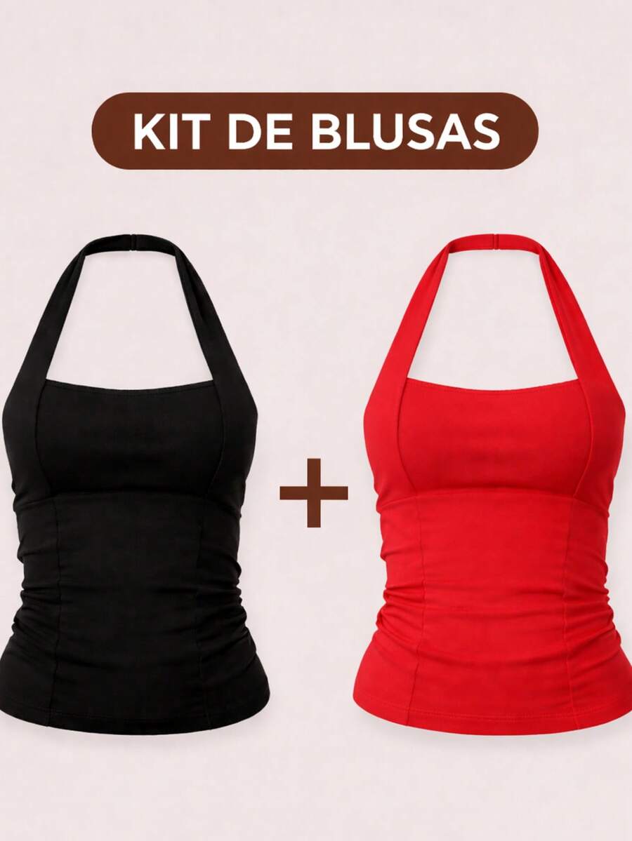 Women's Fitted Blouse Kit Y2K HALTER Square Neck Basic Sexy Summer Fashion - 黑/紅 - 查看 1
