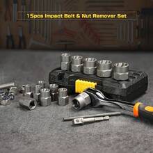 15pcs Nut Extractor Kit, 13pcs Bolt & Nut Remover, 1pc Iron Bar (For Knocking Out Nuts Still Stuck In Sockets), 1pc 1/4" To 3/8" Drive Hex Socket Adapter - Multicolor - View 3