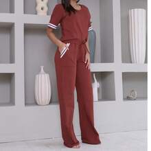 Women's Striped Set - Pants And Top In Lightweight Fleece With White Details - Comfortable Style - Terracotta - View 1