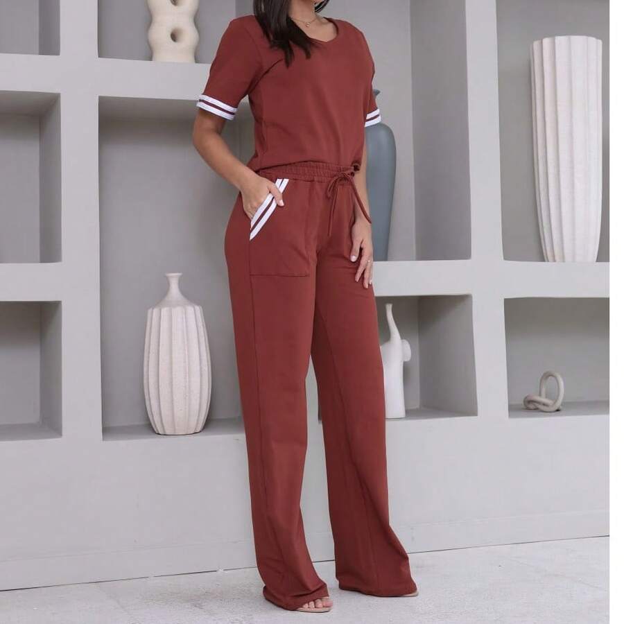 Women's Striped Set - Pants And Top In Lightweight Fleece With White Details - Comfortable Style - Terracotta - View 1