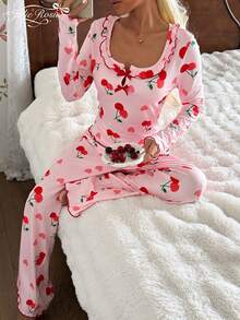 2pcs Women Casual Cherry Print Ruffle Trim Long Sleeve Square Neck Loungewear Set, Autumn - Pink - View 3