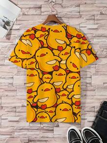Plus Size Men's Pajama Set | Round Neck Short Sleeve Top And Elastic Waist Casual Shorts, 2 Piece Set | Polyester Knit Fabric, Soft And Breathable, Loose And Comfortable | Cute Little Duck Pattern Print, Casual Design - Yellow - View 3