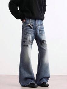 Original Vintage Niche Slogan Washed Blue Cat-Ear Flared Studded Versatile Jeans For Men And Women - 淺色水洗藍 - 查看 4