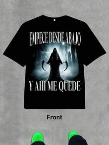Figura de un ángel oscuro con dos hoces rodeado de niebla simbolizando la lucha contra la adversidad y la fuerza interior camiseta de hombre 100% algodón estilo casual urbano cómodo y resistente para uso diario - Negro - Ver 7