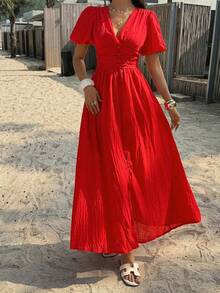 PoPoHouse Women's Solid Color Elegant V-Neck Puff Sleeve Dress, Suitable For Resort Wear, Spring/Summer Red - Red - View 10