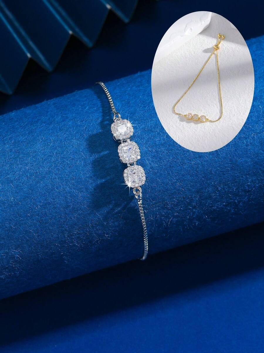 1 pieza Elegante y lujoso brazalete ajustable de cadena cuadrada con circonita cúbica, de alta calidad para uso diario de mujeres - Multicolor - Ver 1